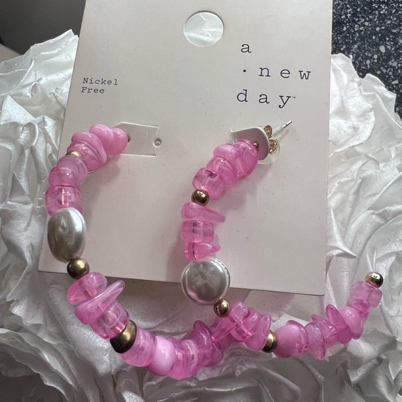 NWT- A New Day Earrings. Pink with faux pearl hoops - Picture 2 of 3